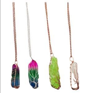 Tree of Life Wire-Wrapped Quartz Crystal Necklace: Rose, Pink, Rainbow OR Clear